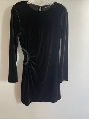 Zara Black Velvet Long Sleeve Mini Dress with Decorative Ring